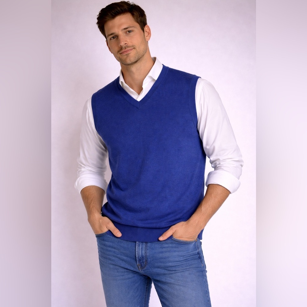Piombo Blue V-Neck Knit Vest Size L Sleeveless Sweater